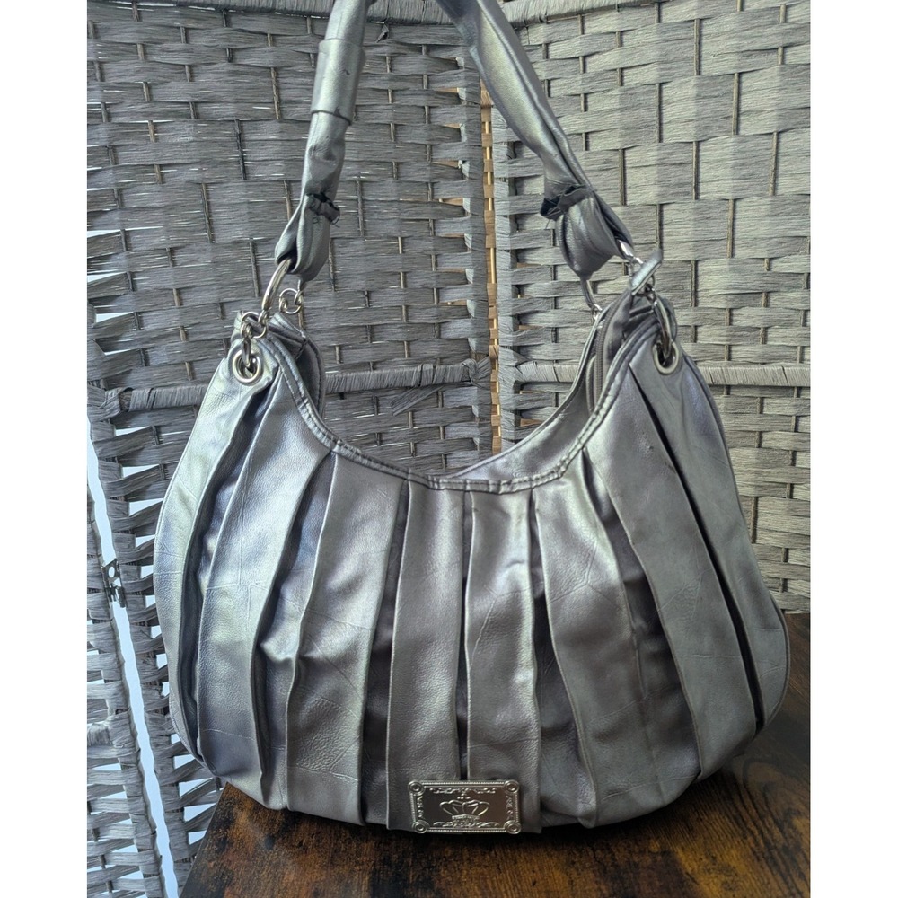 Vtg Y2K Hobo Bag Silver Metallic Pleated Shoulder Purse Statement Slouchy Edgy